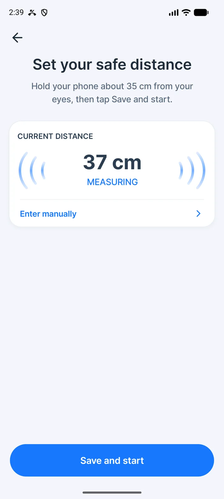 iVisionGuard calibration screen measuring the current distance, 37 cm