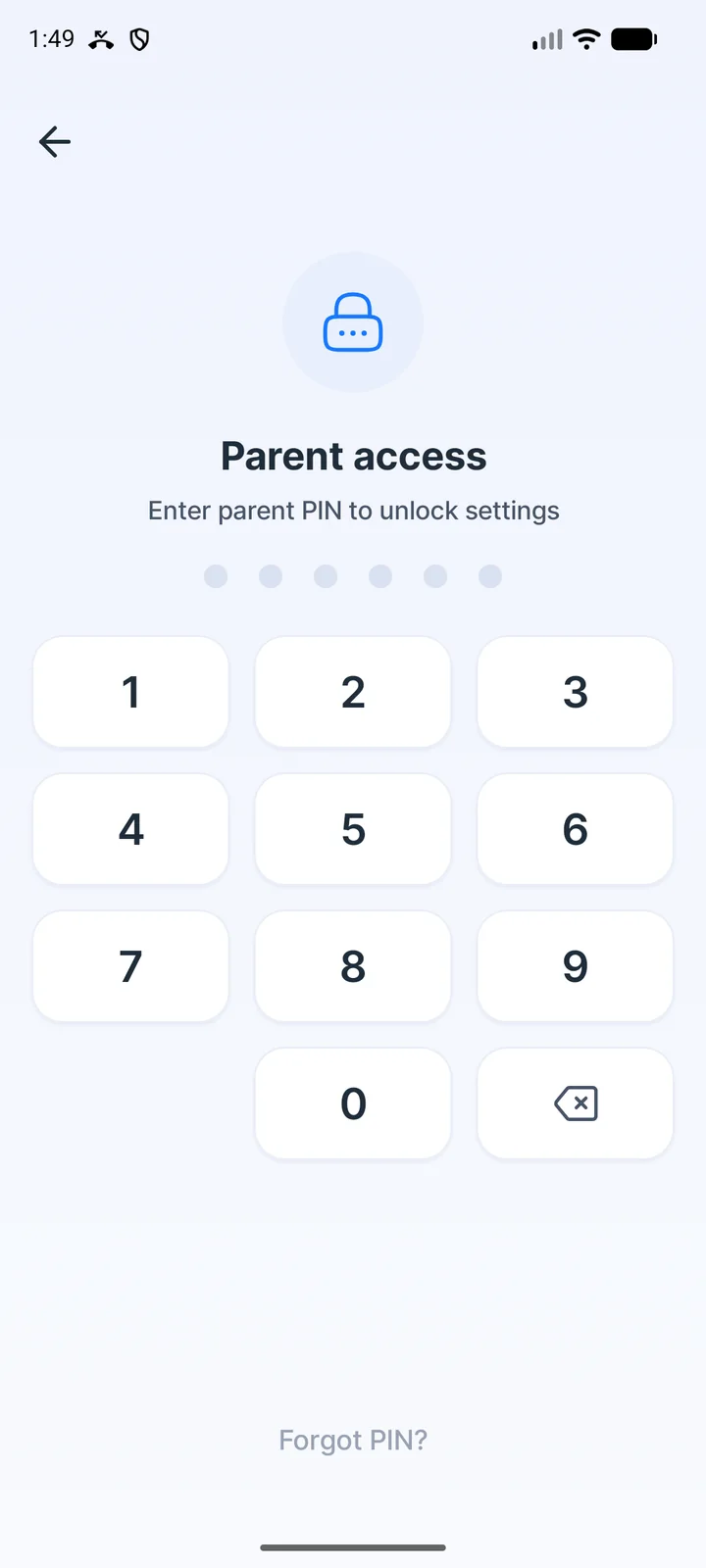 iVisionGuard parent access: enter the PIN to unlock settings