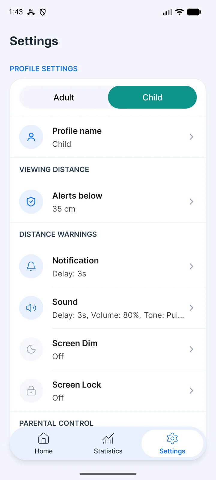 iVisionGuard settings for the child profile: alert distance and distance warnings