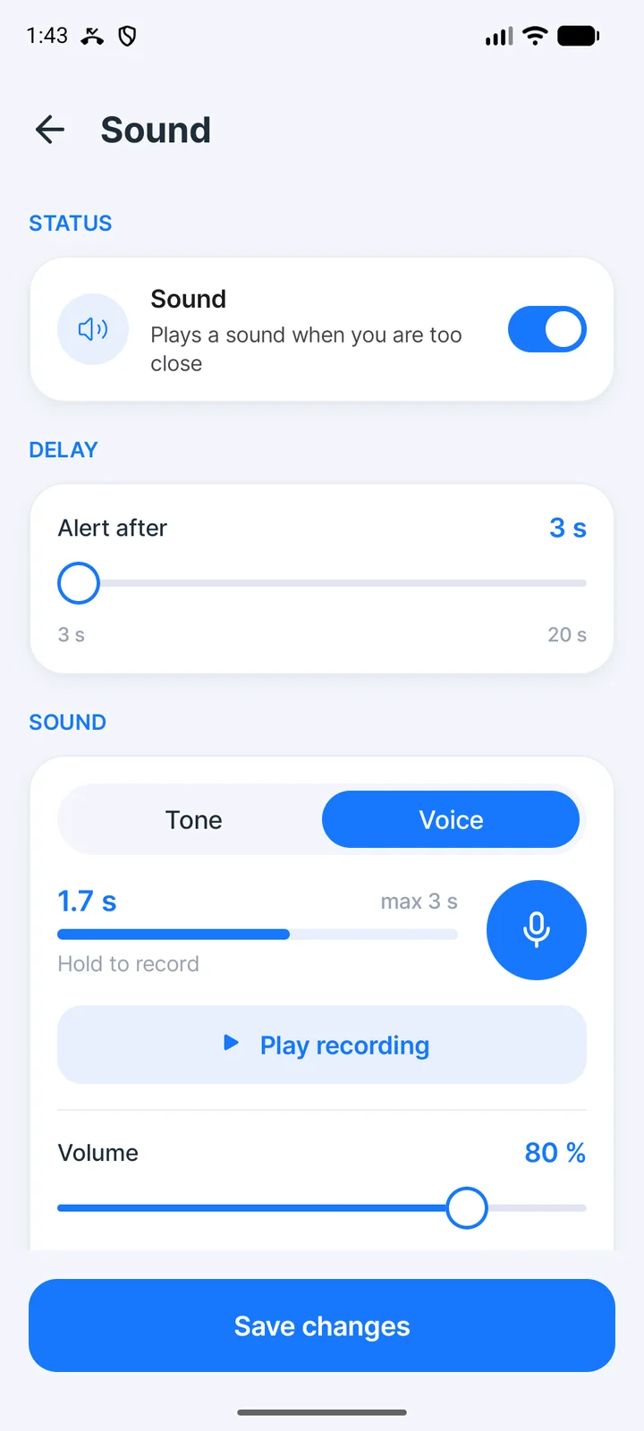 iVisionGuard sound settings with a recorded voice reminder