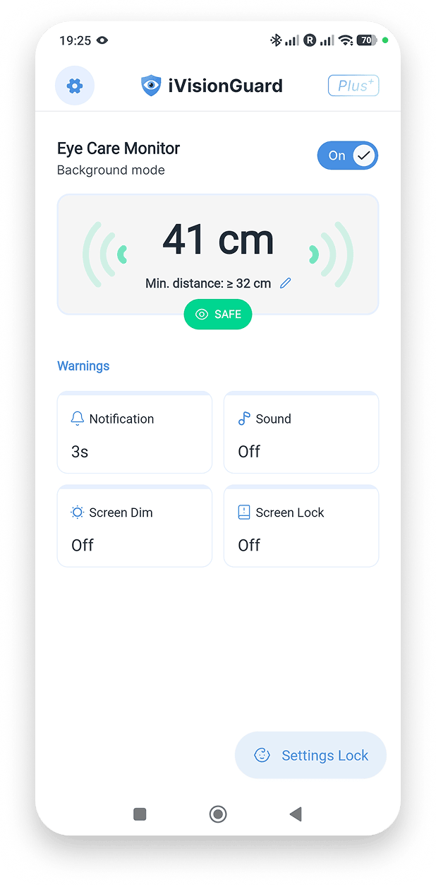 iVisionGuard settings screen for configuring safe viewing distance threshold