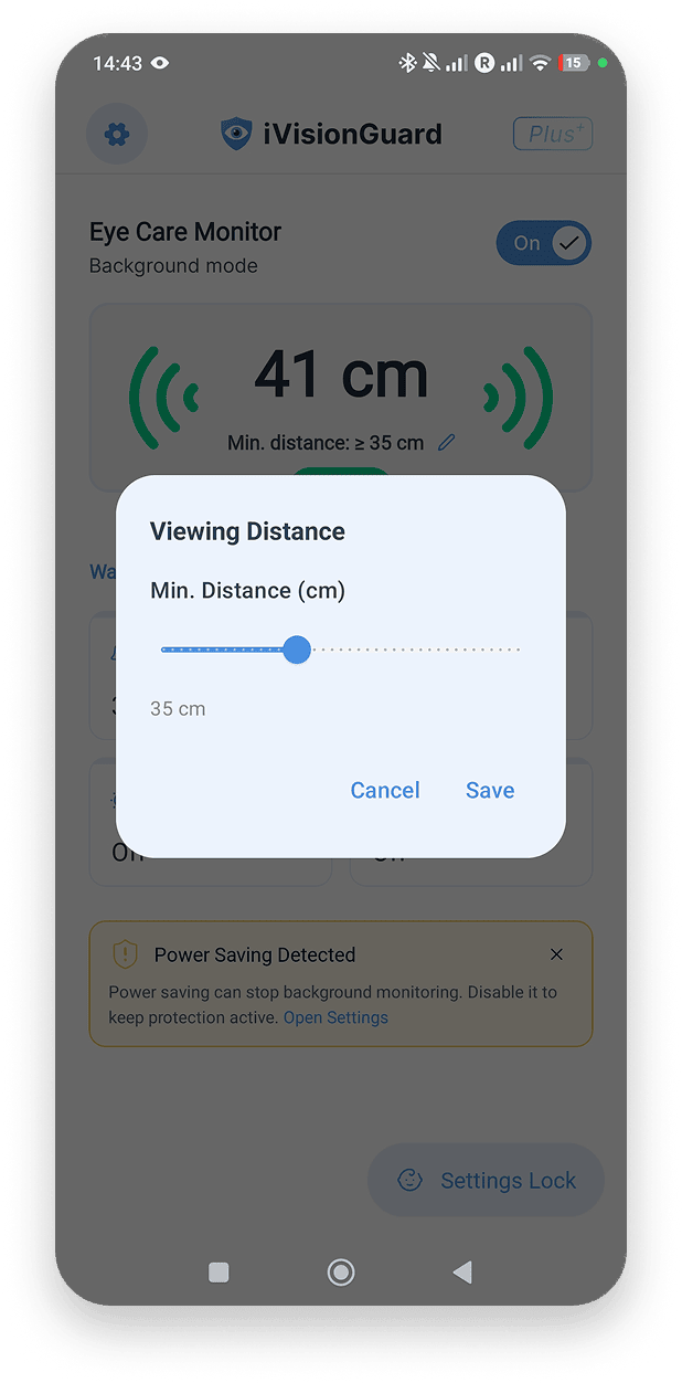 iVisionGuard child protection mode with PIN lock and strict 25 cm threshold